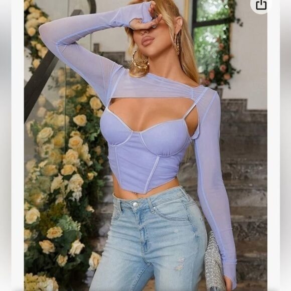 Sheer Mesh Long-Sleeve Corset Style Top With Cutouts Light Blue Size L 95% Polye - Picture 15 of 15